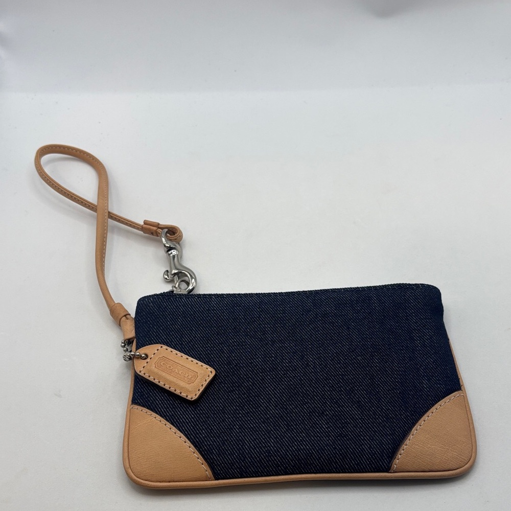 Coach Denim & Tan Skinny Wristlet Wallet #6782 Dark denim wash silver accents